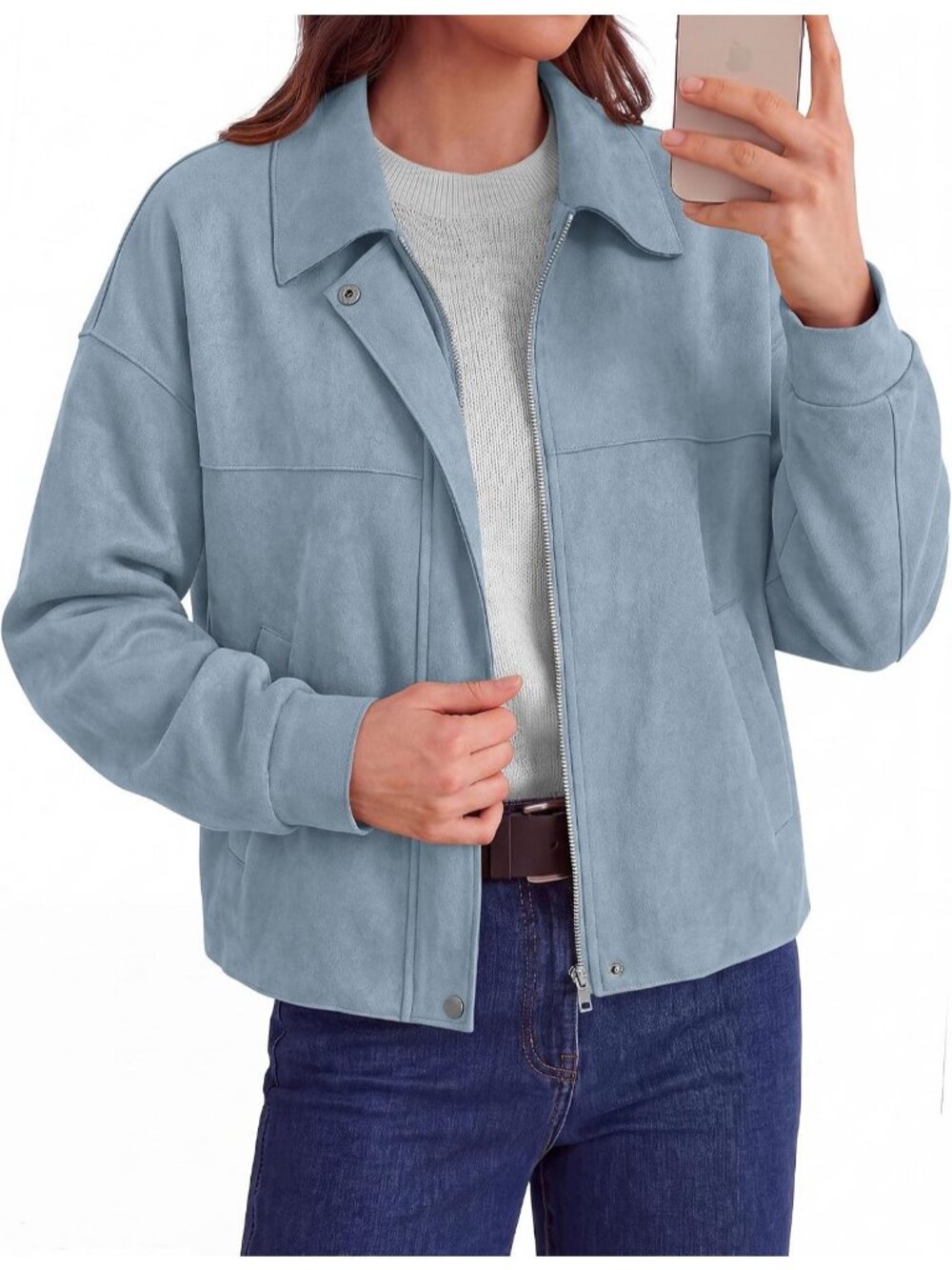 Womens Light Blue Faux Suede Fall Zip Up Oversized Casual Shacket Cropped Jacket - Picture 3 of 6